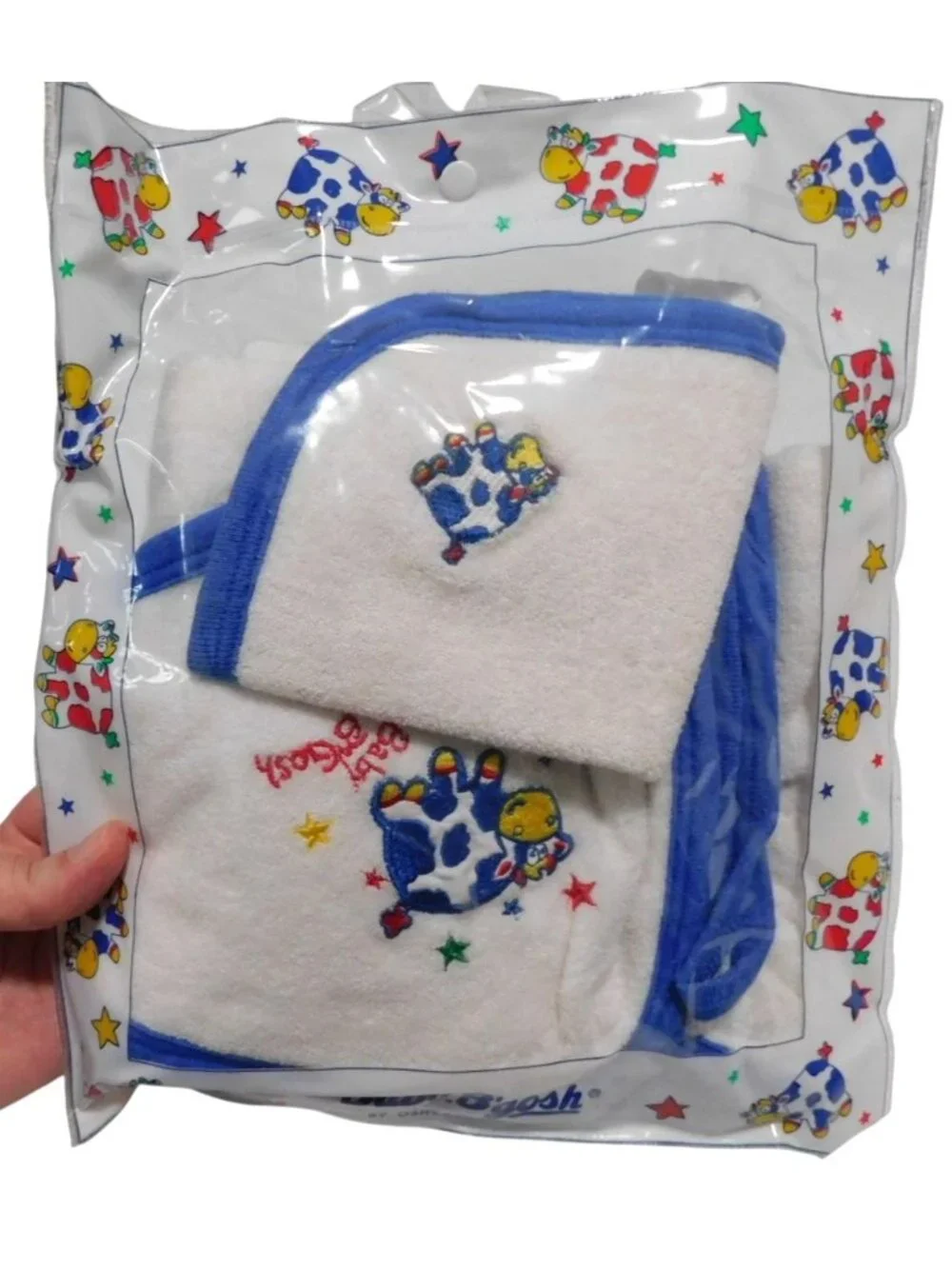 Vintage Oshkosh Baby BGosh Hooded Towel & Washcloth Set Blue & White Cow Print